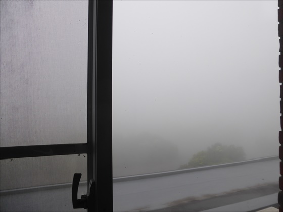 濃霧で白い食堂からの眺め