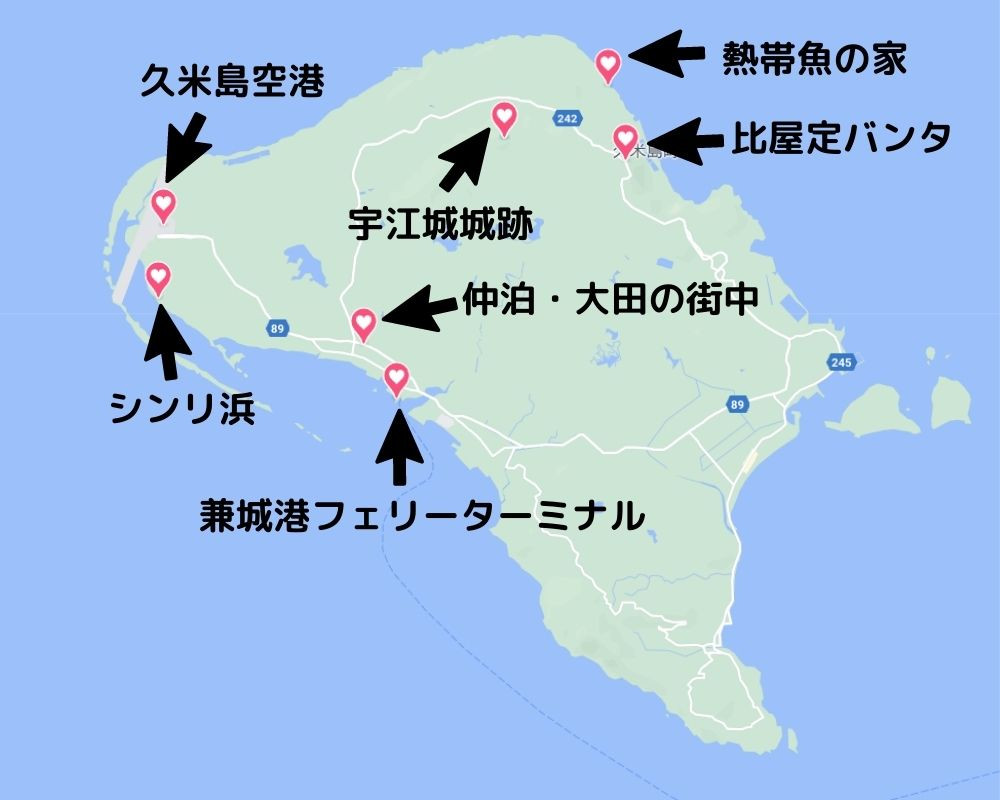 各観光地の場所を記した地図